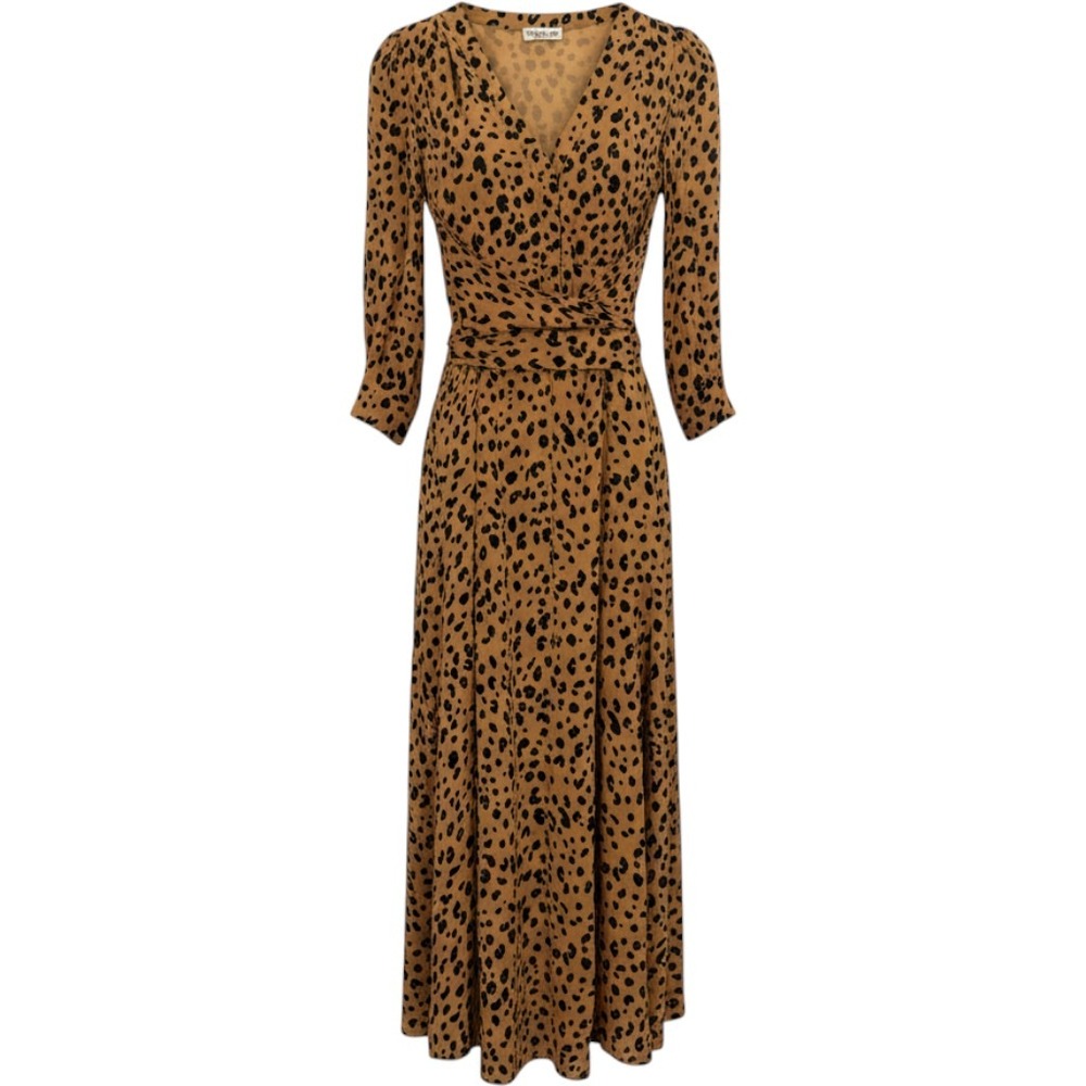 Nicholas 100% Silk Leopard Print Maxi Dress Button Front Wrap Puff Sleeve, US 4